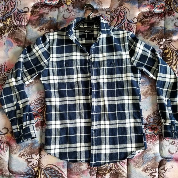 Express White and Blue Plaid Flannel - Picture 1 of 5